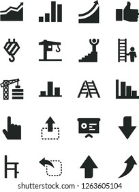 Solid Black Vector Icon Set - upward direction vector, downward, positive histogram, a chair for feeding, crane, tower, hook, ladder, index finger, move up, left, bar chart, financial report, arrow