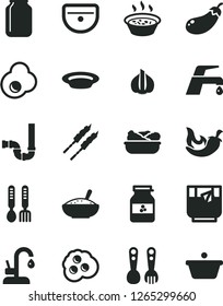 Solid Black Vector Icon Set - plastic fork spoons vector, iron, sink, siphon, faucet mixer, kitchen, a bowl of rice porridge, in saucepan, lettuce plate, barbecue, chili, glass tea, fried egg, pan