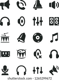 Solid Black Vector Icon Set - bell vector, loudspeaker, silent mode, drumroll, drum, headphones, music, volume, phone call, megaphone, pc card, cd, speaker, settings, microphone