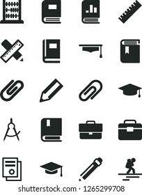 Solid Black Vector Icon Set - clip vector, briefcase, graphite pencil, yardstick, book, e, abacus, portfolio, writing accessories, scribed compasses, on statistics, scientific publication