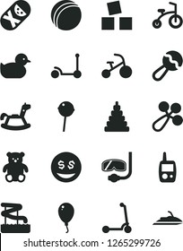 Solid Black Vector Icon Set - beanbag vector, baby rattle, duckling, bath ball, stacking toy, tumbler, mobile phone, small teddy bear, rocking horse, cubes for children, balloon, child bicycle