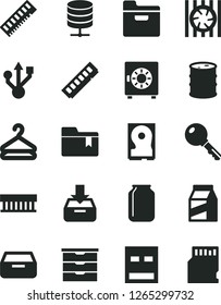 Solid Black Vector Icon Set - folder bookmark vector, storage unit, key, big data server, put in a box, drawer, strongbox, package, hanger, barrel, jar, radiator fan, memory, hdd, usb, sd card