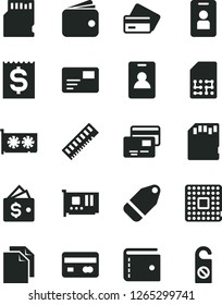 Solid Black Vector Icon Set - purse vector, clean paper, pass card, cards, label, processor, SIM, reverse side of a bank, financial item, wallet, memory, pc, gpu, sd, identity, credit, access