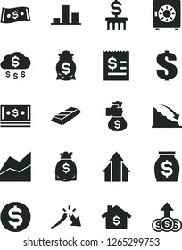 Solid Black Vector Icon Set - dollar vector, line chart, strongbox, recession, a crisis, article on the, money, dollars, cash, growth arrows, gold bar, bag hand, rain, mortgage, column