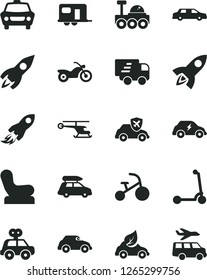 Solid Black Vector Icon Set - Baby chair vector, motor vehicle present, tricycle, child Kick scooter, car, eco, electric transport, retro, autopilot, rocket, space, Express delivery, lunar rover
