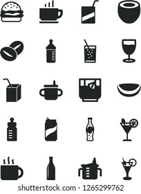 Solid Black Vector Icon Set - mug for feeding vector, measuring cup, bottle, e, packing of juice with a straw, coffee, burger, beans, tea, glass soda, cocktail, can, piece coconut, half