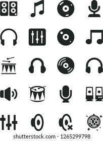 Solid Black Vector Icon Set - loudspeaker vector, silent mode, drumroll, drum, headphones, microphone, music, CD, regulator, volume, pc speaker, note, settings, disco ball