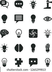 Solid Black Vector Icon Set - image of thought vector, matte light bulb, incandescent lamp, Puzzle, Puzzles, saving, eye, coastal lighthouse, think, speech, brain, dialog, idea