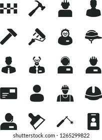 Solid Black Vector Icon Set - builder vector, workman, paint roller, ceramic tiles, construction helmet, putty knife, hammer, with claw, employee, pass card, operator, welding, woman, man, scientist