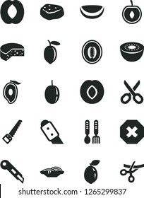 Solid Black Vector Icon Set - scissors vector, mark of injury, iron fork spoons, arm saw, knife, stationery, cheese, slices onion, piece meat, plum, half mango, peach, melon, cherry, passion fruit