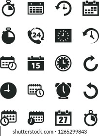 Solid Black Vector Icon Set - daily calendar vector, stopwatch, clock face, clockwise, counterclockwise, wall, alarm, timer, 24, black, agenda, schedule, history