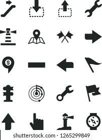 Solid Black Vector Icon Set - upward direction vector, right, left, wind indicator, minus, index finger, map, flag, move up, down, lighthouse, coastal, repair, radar, cross flags, dollar pin