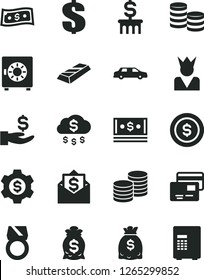 Solid Black Vector Icon Set - dollar vector, strongbox, cards, coins, get a wage, dollars, cash, gold ring, bar, money rain, coin, bag, column, gear, king, limousine, mail, safe