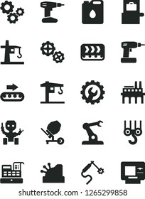Solid Black Vector Icon Set - crane vector, winch hook, gears, concrete mixer, cordless drill, gear, industrial enterprise, conveyor, production, canister of oil, tower, gas welding, assembly robot