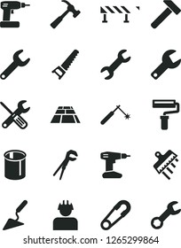 Solid Black Vector Icon Set - paint roller vector, repair key, safety pin, building trowel, small tools, adjustable wrench, cordless drill, hand saw, spatula, paving slab, road fence, hammer, pipes