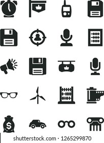 Solid Black Vector Icon Set - desktop microphone vector, floppy disk, camera roll, new abacus, toy mobile phone, alarm clock, windmill, retro car, vintage sign, antique advertising signboard, column