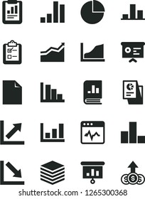 Solid Black Vector Icon Set - clean sheet of paper vector, pie chart, bar, growth, negative, positive histogram, cardiogram, pile, survey, statistical report, book on statistics, research, financial