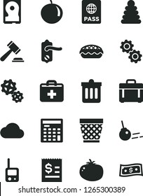 Solid Black Vector Icon Set - wicker pot vector, hammer of a judge, first aid kit, stacking rings, toy phone, door knob, core, dust bin, case, passport, apple pie, tomato, tangerine, gears, hdd