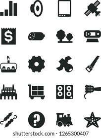 Solid Black Vector Icon Set - truck lorry vector, cargo trolley, loudspeaker, question, children's train, arm saw, sausage, noodles, torte, meat on skewers, trees, industrial factory, bar chart
