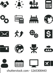 Solid Black Vector Icon Set - monitor vector, envelope, folder bookmark, gears, calculation, commercial seaport, planet, industrial factory, production conveyor, man, financial item, handclasp
