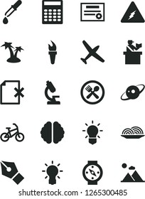 Solid Black Vector Icon Set - delete page vector, onion, microscope, electricity, bulb, brain, pipette, calculator, saturn, patente, ink pen, flame torch, plane, bike, passort control, palm tree