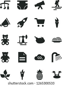 Solid Black Vector Icon Set - scribbled paper vector, horn, toys over the cradle, nappy, teddy bear, small, shower, onion, chicken, pineapple, working oil derrick, leaves, CO2, shopping cart, rocket
