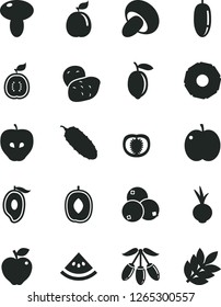 Solid Black Vector Icon Set - mushroom vector, porcini, cucumber, beet, apple, red, tasty, blueberries, half of mango, goji berry, delicious plum, date fruit, lemon, guava, guawa, slice pineapple