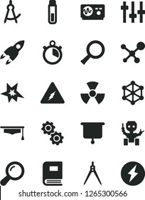 Solid Black Vector Icon Set - test tube vector, molecule, electricity, nuclear, zoom, gears, settings, book, oscilloscope, graduate hat, drawing compass, robot, rocket, presentation board, stopwatch