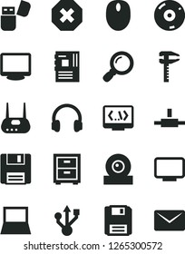 Solid Black Vector Icon Set - mark of injury vector, bedside table, calipers, notebook pc, mouse, motherboard, monitor, web camera, usb, router, cd, flash, headphones, connect, floppy, coding, mail