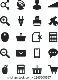 Solid Black Vector Icon Set - grocery basket vector, zoom, out, speech, smartphone, delete page, electric plug, shopping, connections, woman, mouse, printer, mail, satellite, calculator, antenna