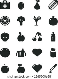 Solid Black Vector Icon Set - heart symbol vector, first aid kit, measuring cup for feeding, bottle, powder, Hot Dog, cocktail, apple, pear, cherry, peach, pomegranate, tasty, plum, passion fruit