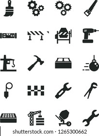 Solid Black Vector Icon Set - tower crane vector, big core, concrete mixer, adjustable wrench, cordless drill, arm saw, wooden paint brush, building level, ceramic tiles, brick, block, plummet