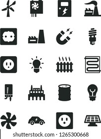 Solid Black Vector Icon Set - power socket type b vector, f, dangers, heating coil, electronic boiler, bulb, marine propeller, wind energy, factory, barrel, thermal plant, industrial, saving, magnet