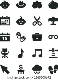Solid Black Vector Icon Set - scissors vector, calendar, briefcase, hat, cloud, children's hairdo, funny, child shoes, tomato, lighthouse, purse, note, chair, cursor, glasses, dollar column