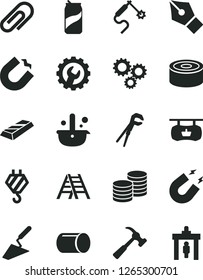 Solid Black Vector Icon Set - clip vector, hook, trowel, adjustable wrench, ladder, gear, hammer with claw, coins, canned goods, soda can, horseshoe magnet, pipe, gas welding, metallurgy, ink pen