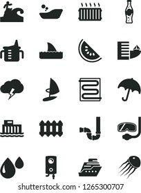 Solid Black Vector Icon Set - measuring cup for feeding vector, children's bathroom, siphon, heating coil, new radiator, boiler, umbrella, storm cloud, bottle of soda, slice water melon, drop, hotel