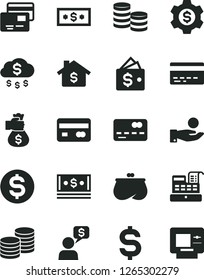Solid Black Vector Icon Set - bank card vector, cards, coins, reverse side of a, front the, denomination dollar, catch coin, purse, cash, machine, money bag hand, rain, mortgage, gear, wallet, atm