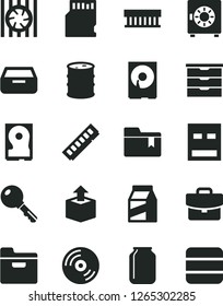 Solid Black Vector Icon Set - folder bookmark vector, storage unit, key, CD, suitcase, drawer, strongbox, package, unpacking, barrel, jar, radiator fan, memory, hdd, usb, sd card, big data