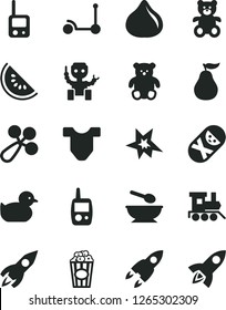 Solid Black Vector Icon Set - Child T shirt vector, baby rattle, duckling, tumbler, toy phone, mobile, deep plate with a spoon, teddy bear, small, train, Kick scooter, cup of popcorn, fig, rocket