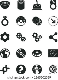 Solid Black Vector Icon Set - sign of the planet vector, question, gears, cogwheel, CD, cake, right bottom arrow, tin, with a hole, glazed, biscuit, kiwi, connection, black clock, dna, diamond ring