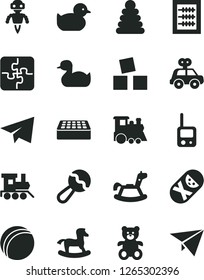 Solid Black Vector Icon Set - paper airplane vector, new abacus, beanbag, rubber duck, baby duckling, bath ball, stacking rings, motor vehicle present, tumbler, toy phone, teddy bear, train, small