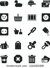 Solid Black Vector Icon Set - bin vector, mark of injury, grocery basket, dummy, measuring cup for feeding, baby powder, beanbag, electronic thermometer e, rubber duck, toy sand set, window frame, f