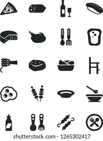 Solid Black Vector Icon Set - plates and spoons vector, a chair for feeding, plastic fork, iron, sausage, cheese, fried vegetables on sticks, piece of pizza, noodles, lettuce in plate, chicken, wine