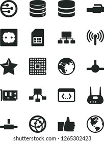 Solid Black Vector Icon Set - power socket type f vector, star, thumb up, big data, processor, SIM card, scheme, hierarchical, pc, router, network, connect, coding, lan connector, wireless, earth