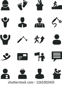 Solid Black Vector Icon Set - image of thought vector, footprints, builder, employee, pass card, racer, welding, gas, woman, man, winner, arrow up, carrer stairway, with medal, hold flag, hands