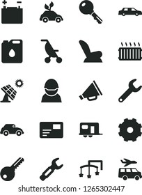 Solid Black Vector Icon Set - truck lorry vector, horn, toys over the cot, car child seat, summer stroller, key, pass card, big solar panel, accumulator, racer, canister of oil, retro, repair, steel