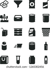 Solid Black Vector Icon Set - wicker pot vector, storage unit, measuring bottle for feeding, powder, e, packing of juice with a straw, drawer, bag handles, package, tin, popcorn, jam, oil, barrel