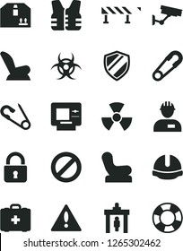 Solid Black Vector Icon Set - warning vector, prohibition, Baby chair, car child seat, safety pin, open, medical bag, workman, construction helmet, road fence, lock, cardboard box, nuclear, atm