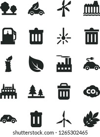 Solid Black Vector Icon Set - bin vector, dust, apple stub, leaf, gas station, windmill, wind energy, hydroelectricity, trees, forest, industrial building, factory, eco car, electric, transport