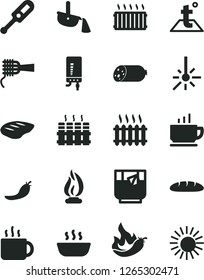 Solid Black Vector Icon Set - electronic thermometer vector e, temperature, radiator, boiler, coffee, sausage, loaf, noodles, hot porridge, chop, cup of tea, a glass, red pepper, outdoor, cast iron